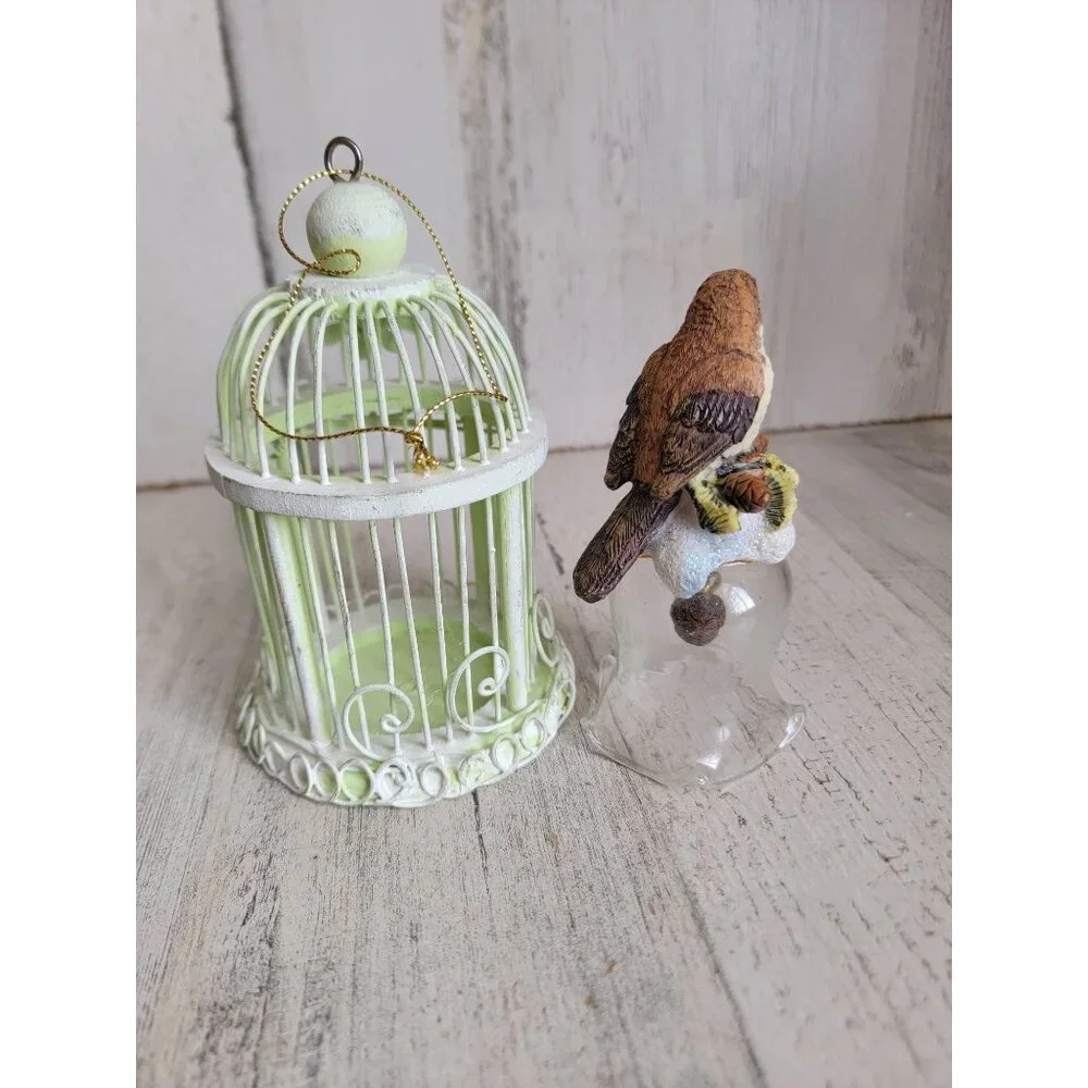 Vintage bird bell cage pinecone ornament Xmas set woods‎